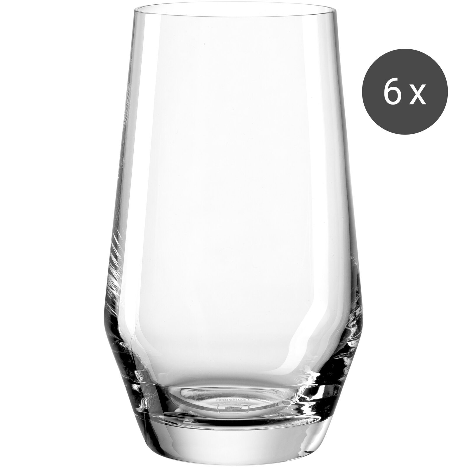 Leonardo Becher 6er-Set PUCCINI Transparenter Becher 365ml aus Glas, seitliche Perspektive, 6er-Set