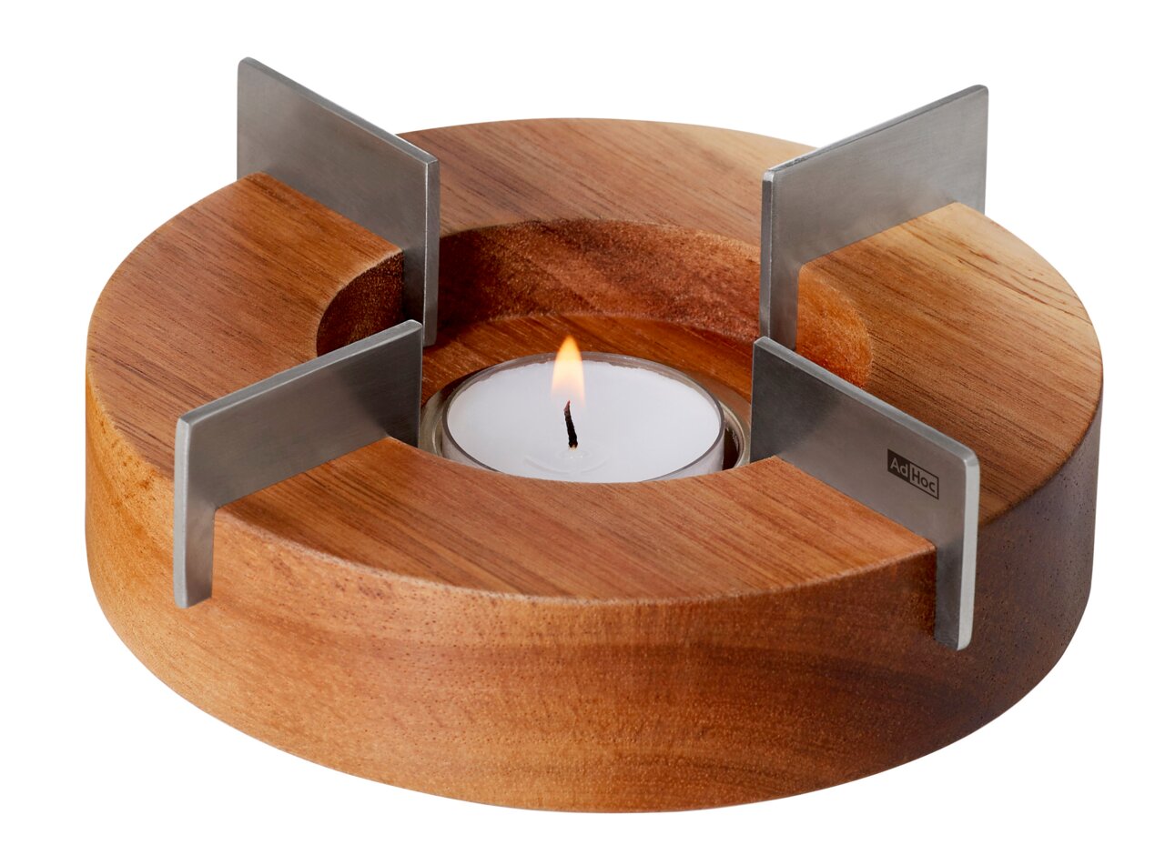 Stövchen und Speisenwärmer aus Holz mit Edelstahlhalterungen, seitliche Perspektive