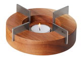 Stövchen und Speisenwärmer aus Holz mit Edelstahlhalterungen, seitliche Perspektive