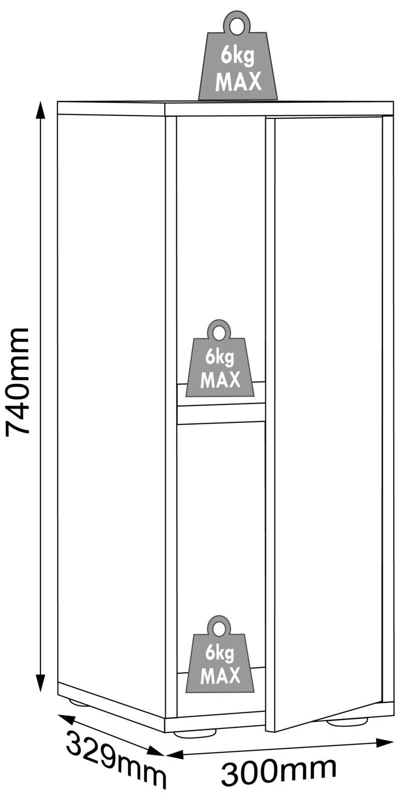 Technische Strichzeichnung eines schmalen Schranks/Regals in Frontansicht mit geöffneter Tür; Maße 740 mm hoch, 300 mm breit, 329 mm tief, Einlegeböden mit max. 6 kg Tragkraft je Boden.