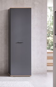 Moderner Hochschrank in dunklem Grau mit Holzdetails, frontal fotografiert in einem minimalistischen Raum.