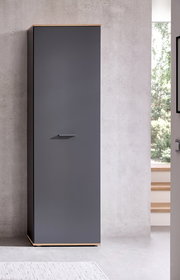 Moderner Hochschrank in dunklem Grau mit Holzdetails, frontal fotografiert in einem minimalistischen Raum.