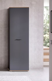 Moderner Hochschrank in dunklem Grau mit Holzdetails, frontal fotografiert in einem minimalistischen Raum.