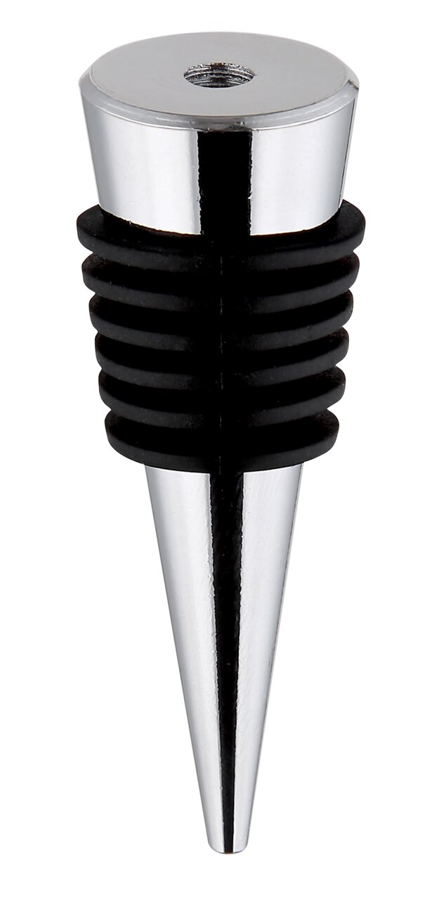 Nahaufnahme eines metallischen Flaschenverschlusses mit konischer Form und schwarzen Gummiringen.
