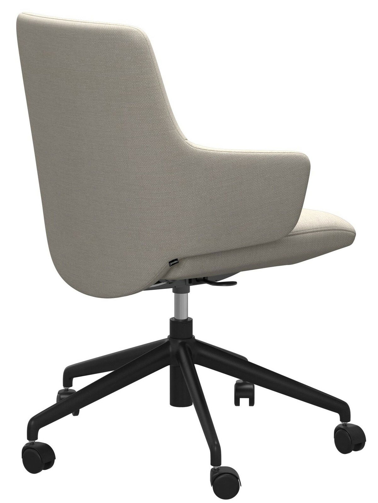 Rückansicht eines modernen Home Office Sessels mit hellgrauem Stoffbezug und schwarzem Drehfuß auf Rollen.