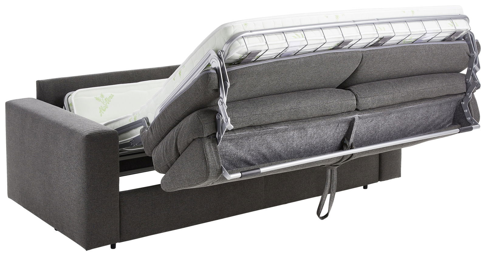 Rückansicht eines grauen Funktionssofas mit ausgeklapptem Bettmechanismus.