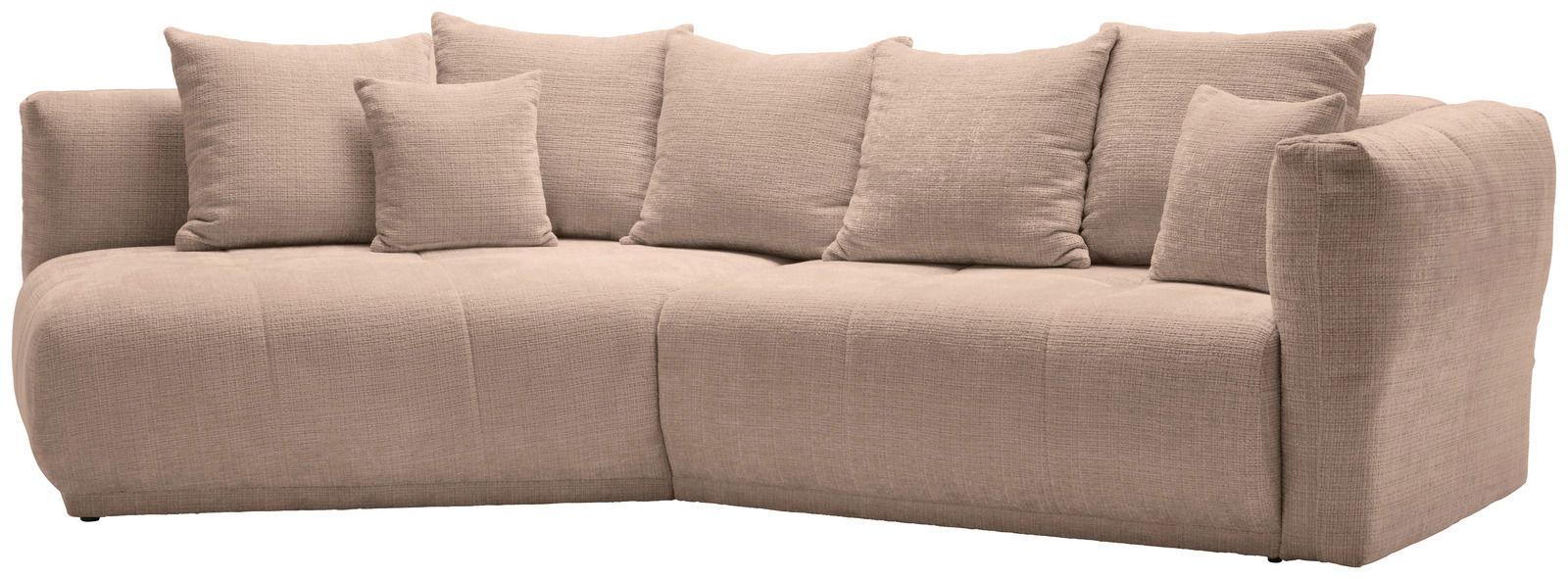 Beige Rundecke Sofa mit mehreren Kissen, seitliche Perspektive