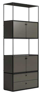 Modernes Aktenregal mit schwarzem Metallrahmen und grauen Türen, seitliche Perspektive