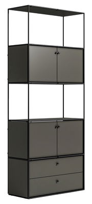 Modernes Aktenregal mit schwarzem Metallrahmen und grauen Türen, seitliche Perspektive