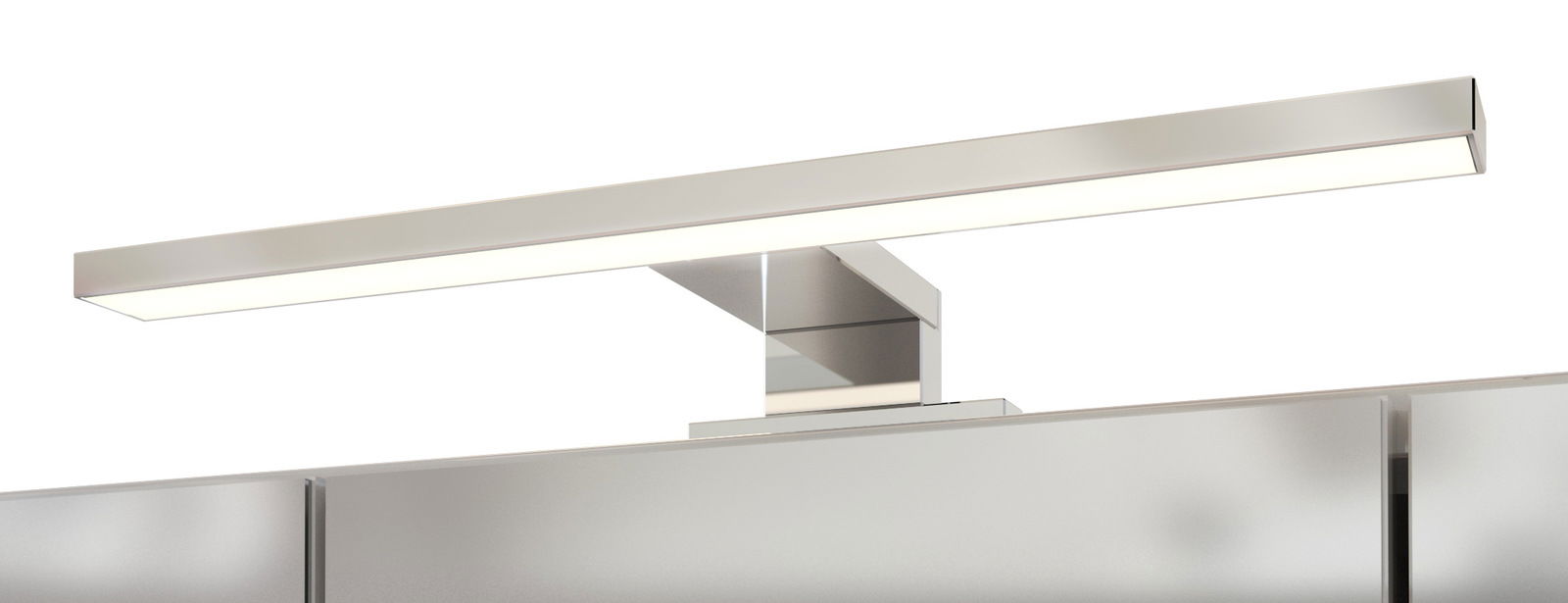 Moderne LED-Leuchte auf einem Spiegelschrank, seitliche Perspektive