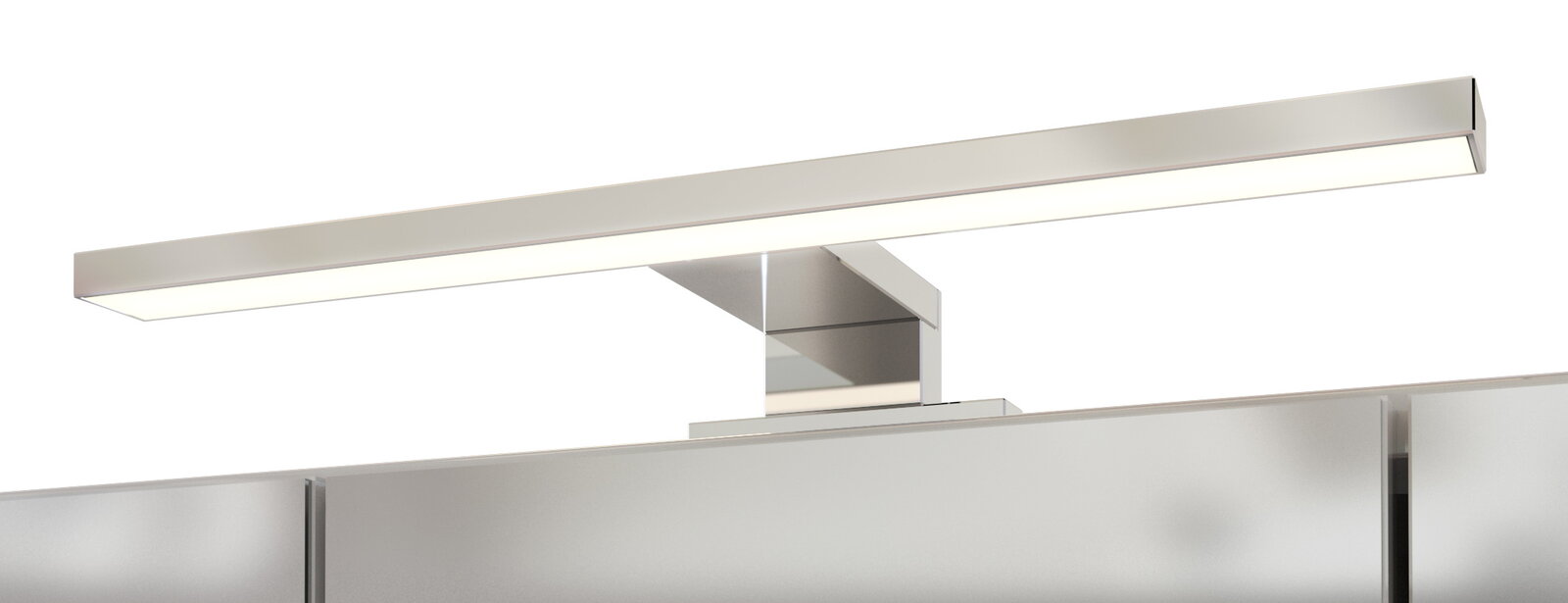 Moderne LED-Leuchte auf einem Spiegelschrank, seitliche Perspektive