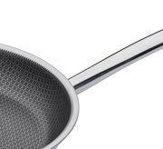 Nahaufnahme einer Bratpfanne mit hexagonalem Muster auf der Innenfläche und einem glänzenden Griff, von oben betrachtet.