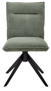 Grüner Stuhl mit geripptem Stoffbezug und schwarzem Metallgestell, Frontalansicht