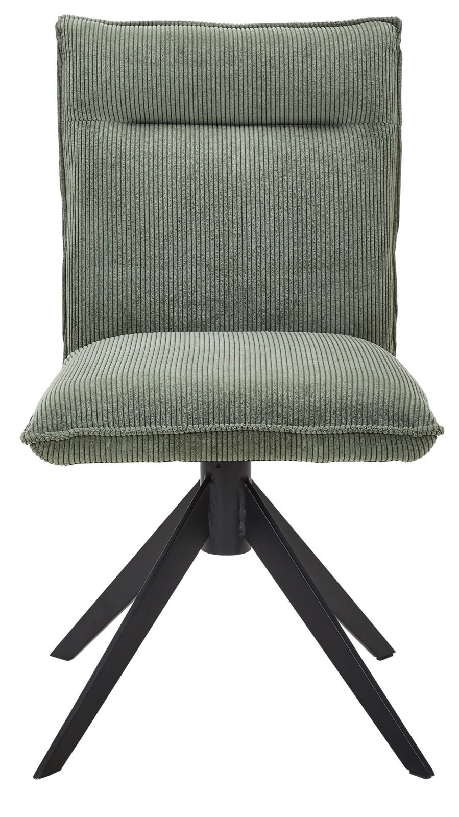 Grüner Stuhl mit geripptem Stoffbezug und schwarzem Metallgestell, Frontalansicht