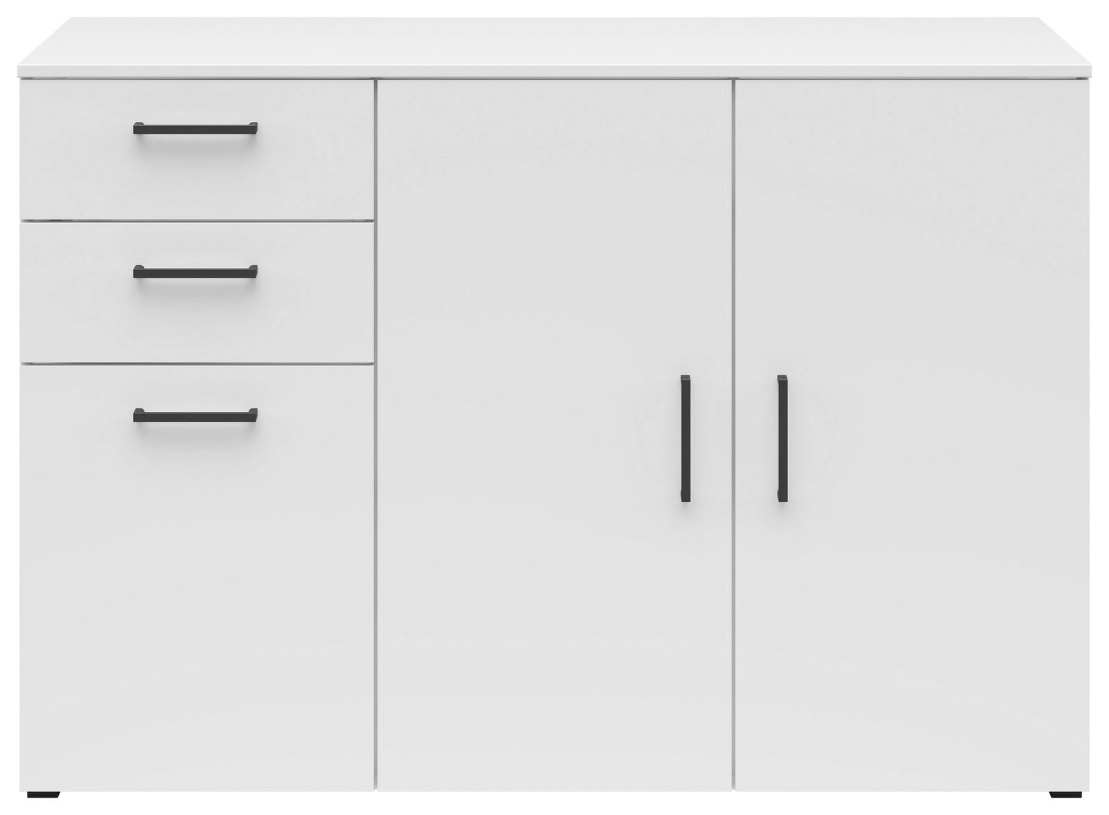 Weiße Kommode mit drei Schubladen auf der linken Seite und zwei Türen auf der rechten Seite, schwarze Griffe, Frontalansicht