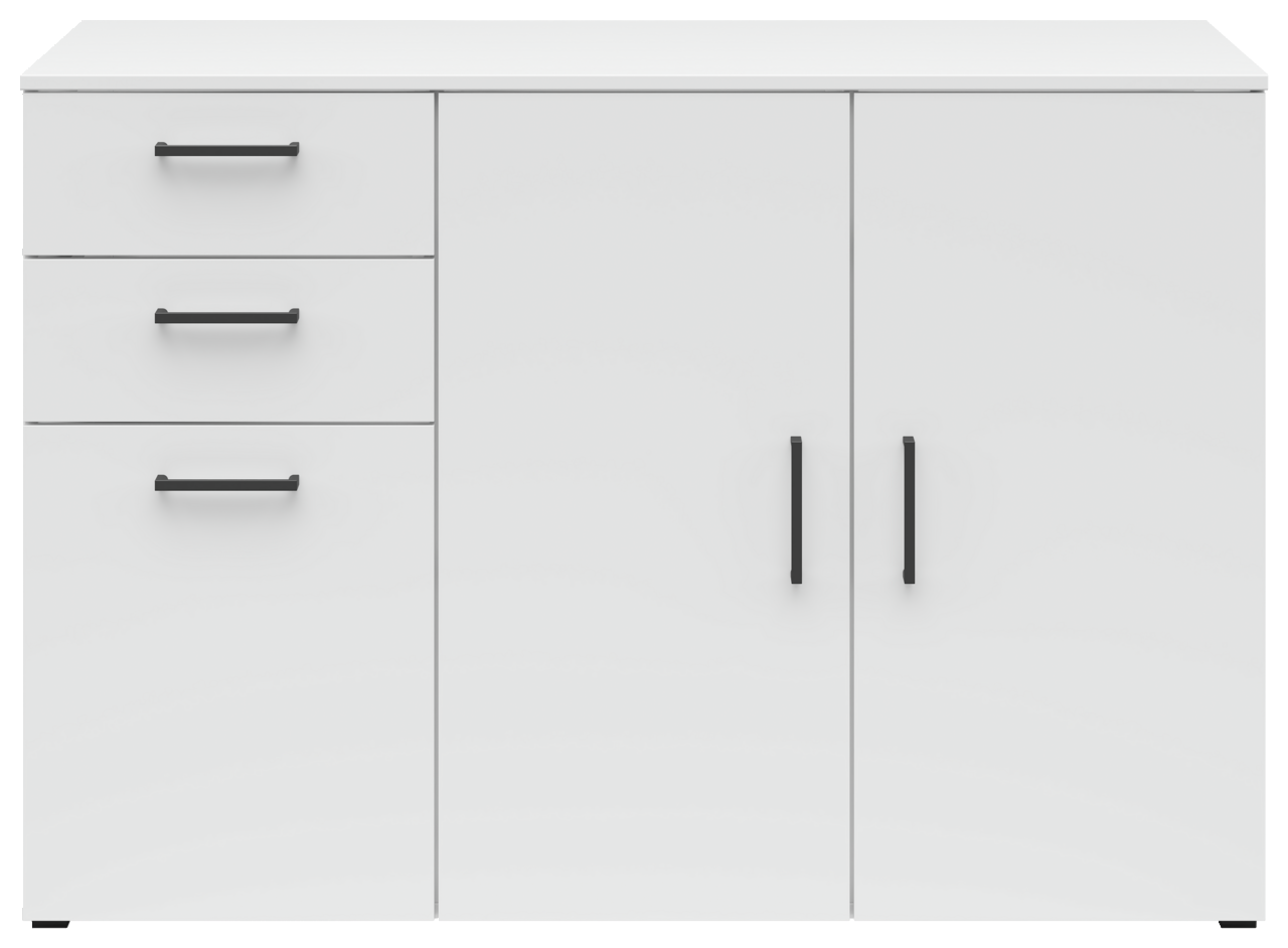 Weiße Kommode mit drei Schubladen auf der linken Seite und zwei Türen auf der rechten Seite, schwarze Griffe, Frontalansicht