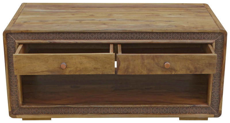 Holz-Couchtisch mit zwei offenen Schubladen, Frontansicht