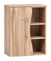Unterschrank aus Holz mit einer Tür und zwei offenen Regalfächern, Perspektive von vorne links