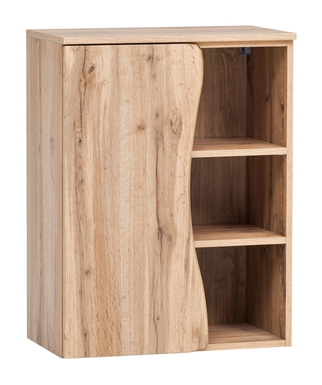 Unterschrank aus Holz mit einer Tür und zwei offenen Regalfächern, Perspektive von vorne links