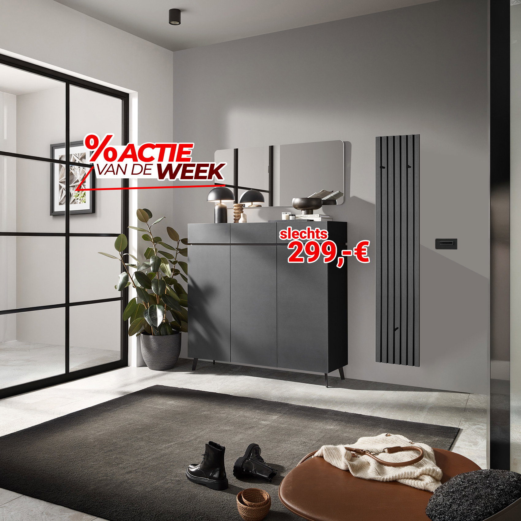 Moderne halcommode met spiegel en designradiator, aanbieding van de week voor €299.