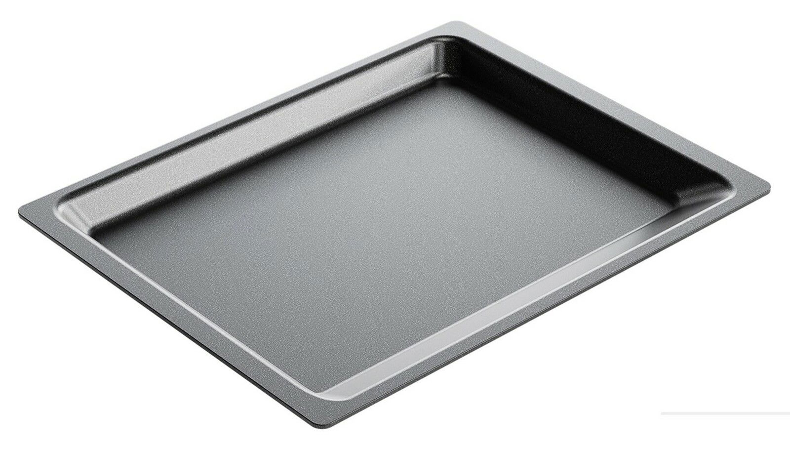 Backofenplatte in schräger Perspektive, 459 x 370 x 30 mm, aus Metall, mit erhöhtem Rand