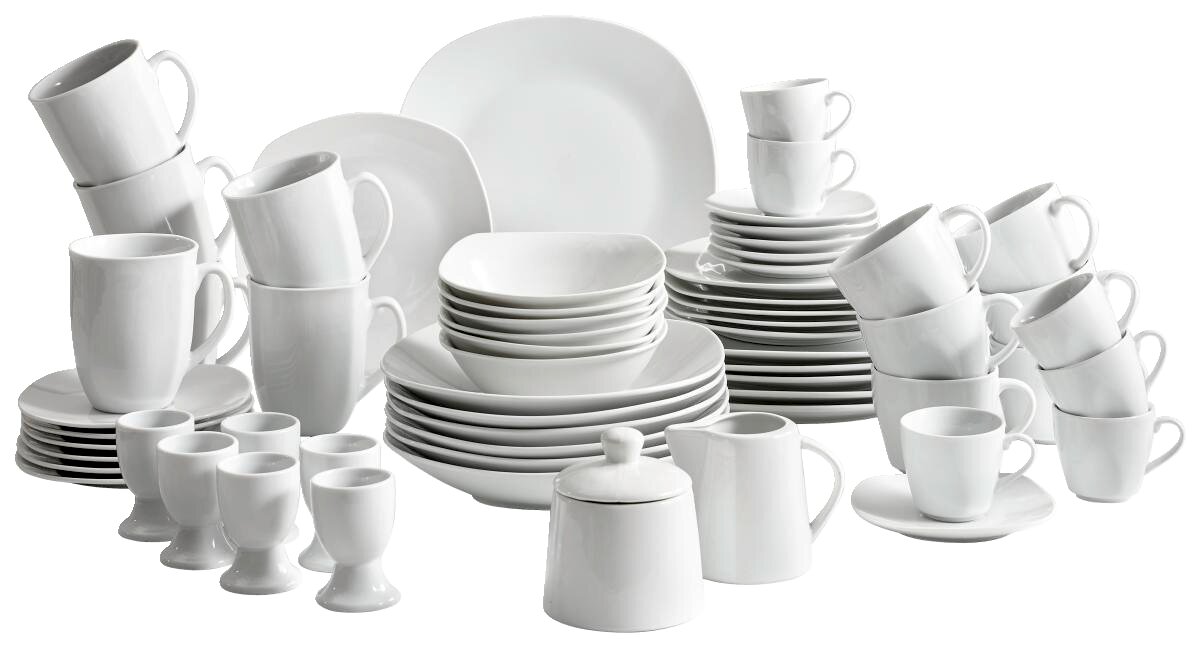 Vielseitiges 62-teiliges Kombiservice in Weiß, bestehend aus Tassen, Tellern, Schalen und Eierbechern, aus der Vorderansicht.