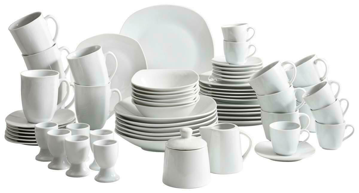 Vielseitiges 62-teiliges Kombiservice in Weiß, bestehend aus Tassen, Tellern, Schalen und Eierbechern, aus der Vorderansicht.