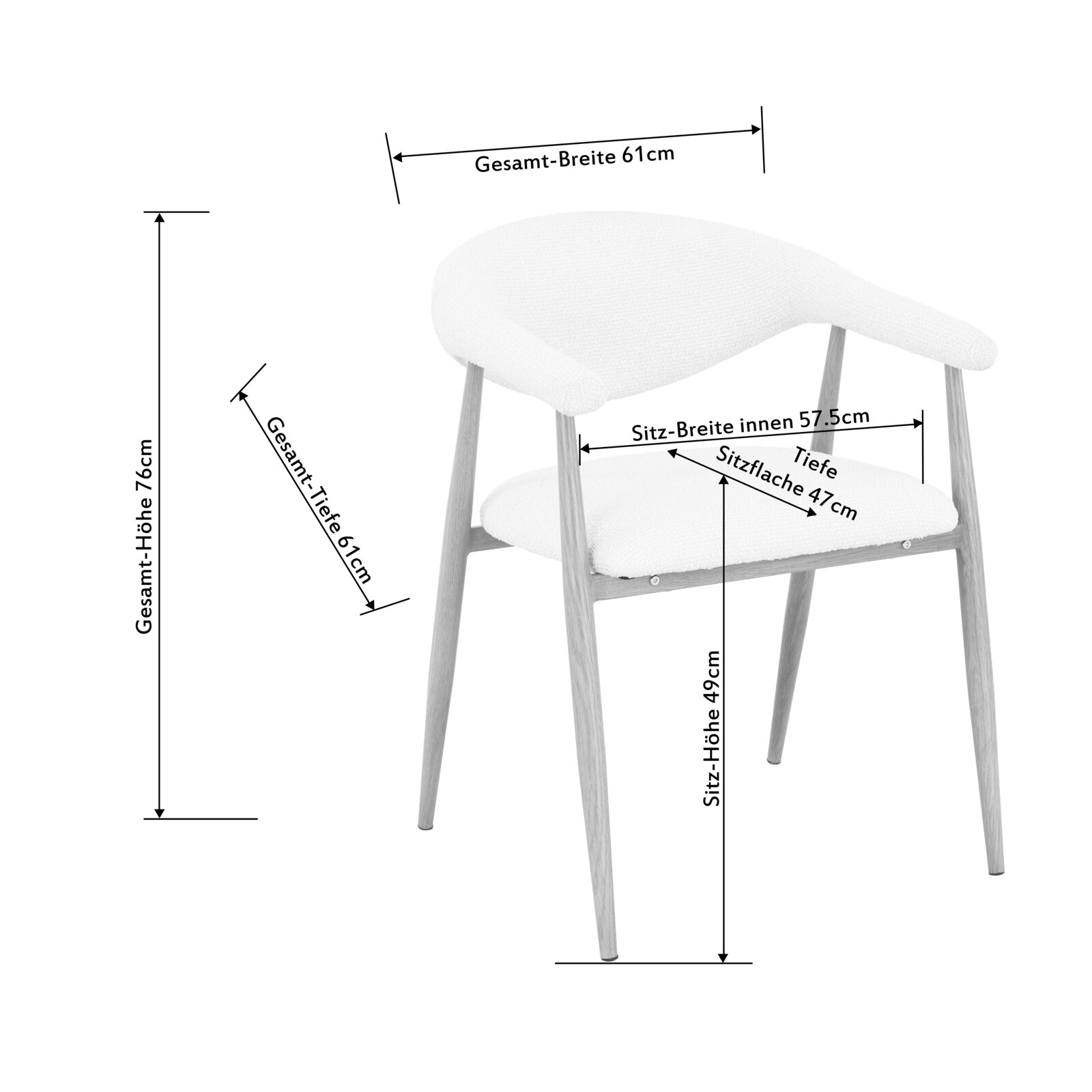 Polsterstuhl mit weißem Bouclé-Bezug und hellen Holzbeinen, Maßangaben eingeblendet (Gesamtbreite 61 cm, Gesamttiefe 61 cm, Gesamthöhe 76 cm, Sitzhöhe 49 cm, Sitzbreite innen 57,5 cm, Sitzfläche 47 cm), Ansicht schräg von vorne rechts.