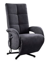 Moderner, dunkelgrauer Sessel mit hoher Rückenlehne und Armlehnen, seitlicher Bedienung und drehbarem Fuß, seitliche Perspektive.