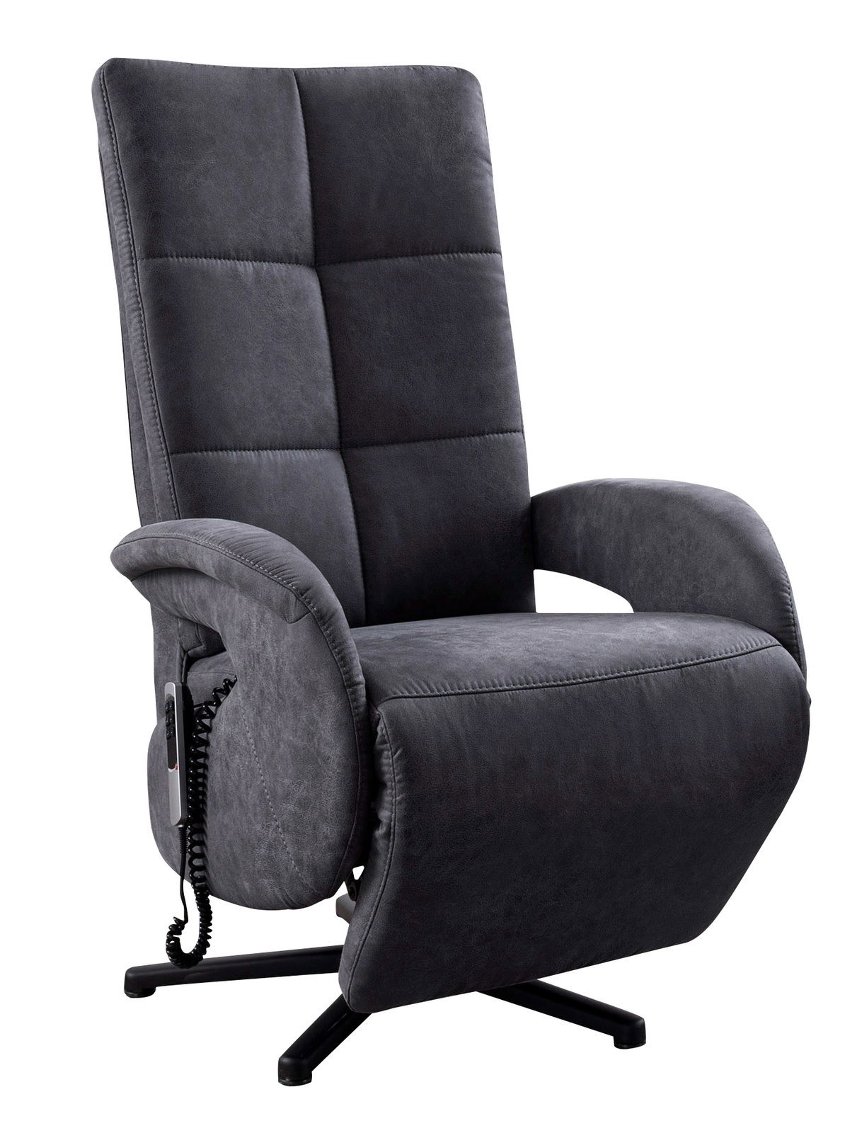 StepOne Sessel CORK 6 Moderner, dunkelgrauer Sessel mit hoher Rückenlehne und Armlehnen, seitlicher Bedienung und drehbarem Fuß, seitliche Perspektive.