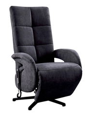 Moderner, dunkelgrauer Sessel mit hoher Rückenlehne und Armlehnen, seitlicher Bedienung und drehbarem Fuß, seitliche Perspektive.