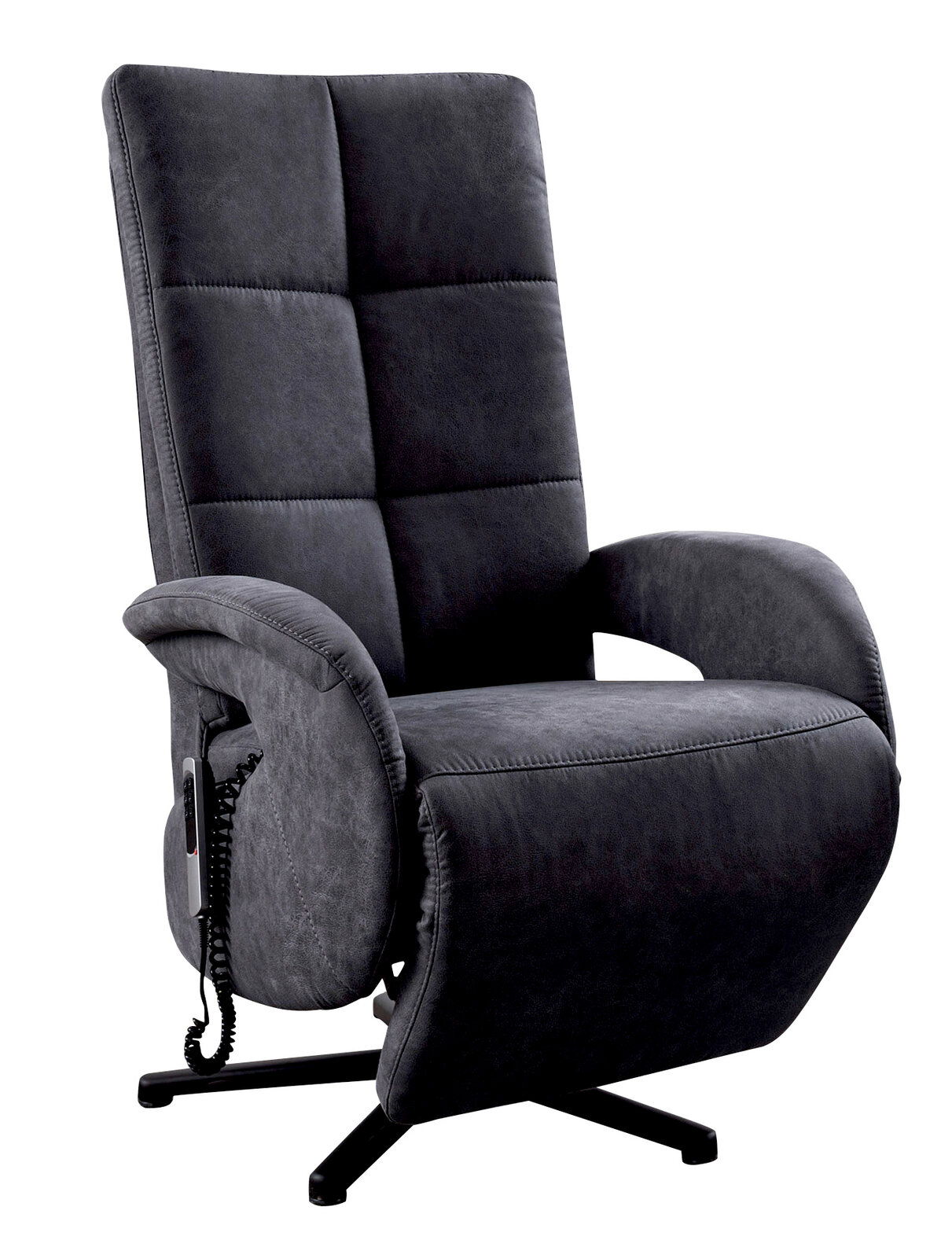 Moderner, dunkelgrauer Sessel mit hoher Rückenlehne und Armlehnen, seitlicher Bedienung und drehbarem Fuß, seitliche Perspektive.