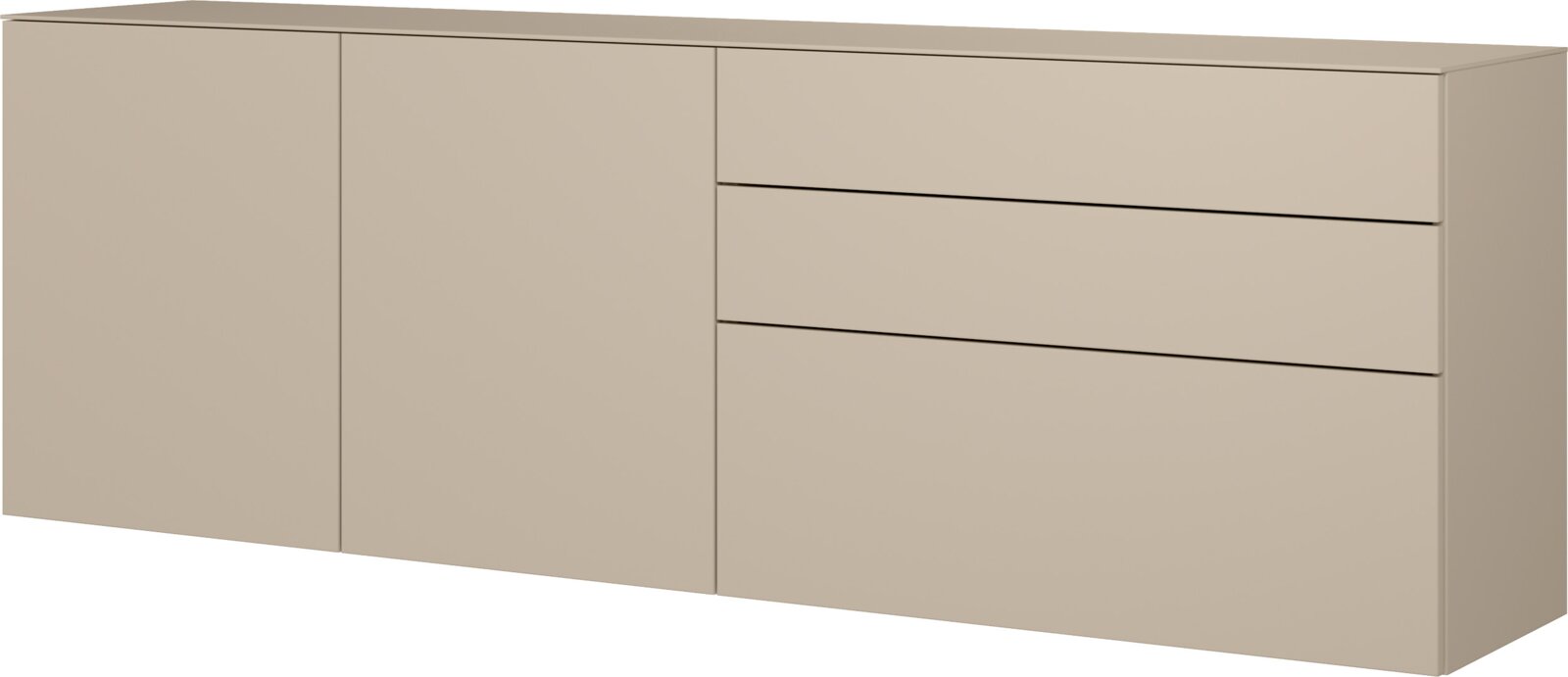 WK-Wohnen Hängesideboard VIVA Modernes, griffloses Sideboard in Beige mit zwei Türen links und drei Schubladen rechts, in leichter Frontansicht aus schräger Perspektive (3/4-Ansicht)