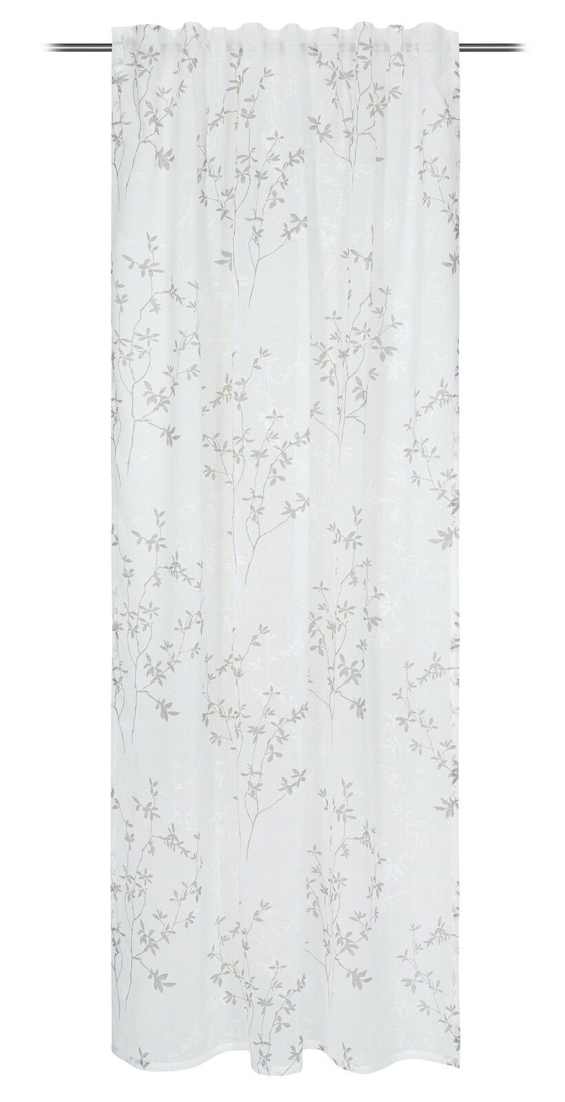 Vorhang mit floralem Muster in Weiß und Grau, frontal betrachtet, mit verdeckter Schlaufe, Größe 140x245cm
