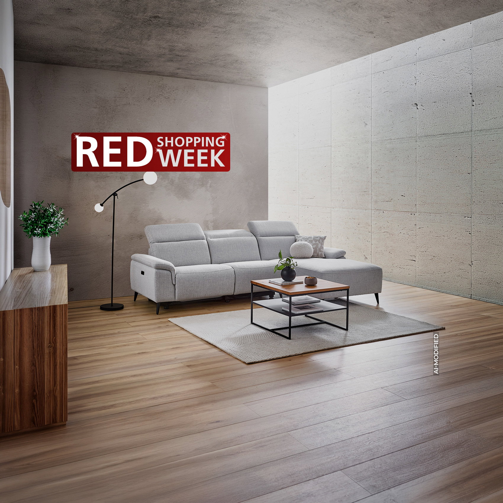 Modernes Wohnzimmer mit grauem Ecksofa und Couchtisch zur RED Shopping Week. (KI-generiert)