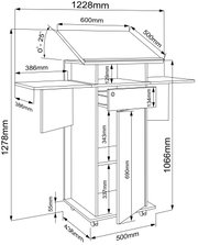 Technische Maßzeichnung eines höhenverstellbaren Stehpults/Rednerpults auf Rollen mit klappbarer Schreibplatte (Neigung 0–25°) und seitlichen Ablagen; perspektivische Ansicht schräg von vorn.