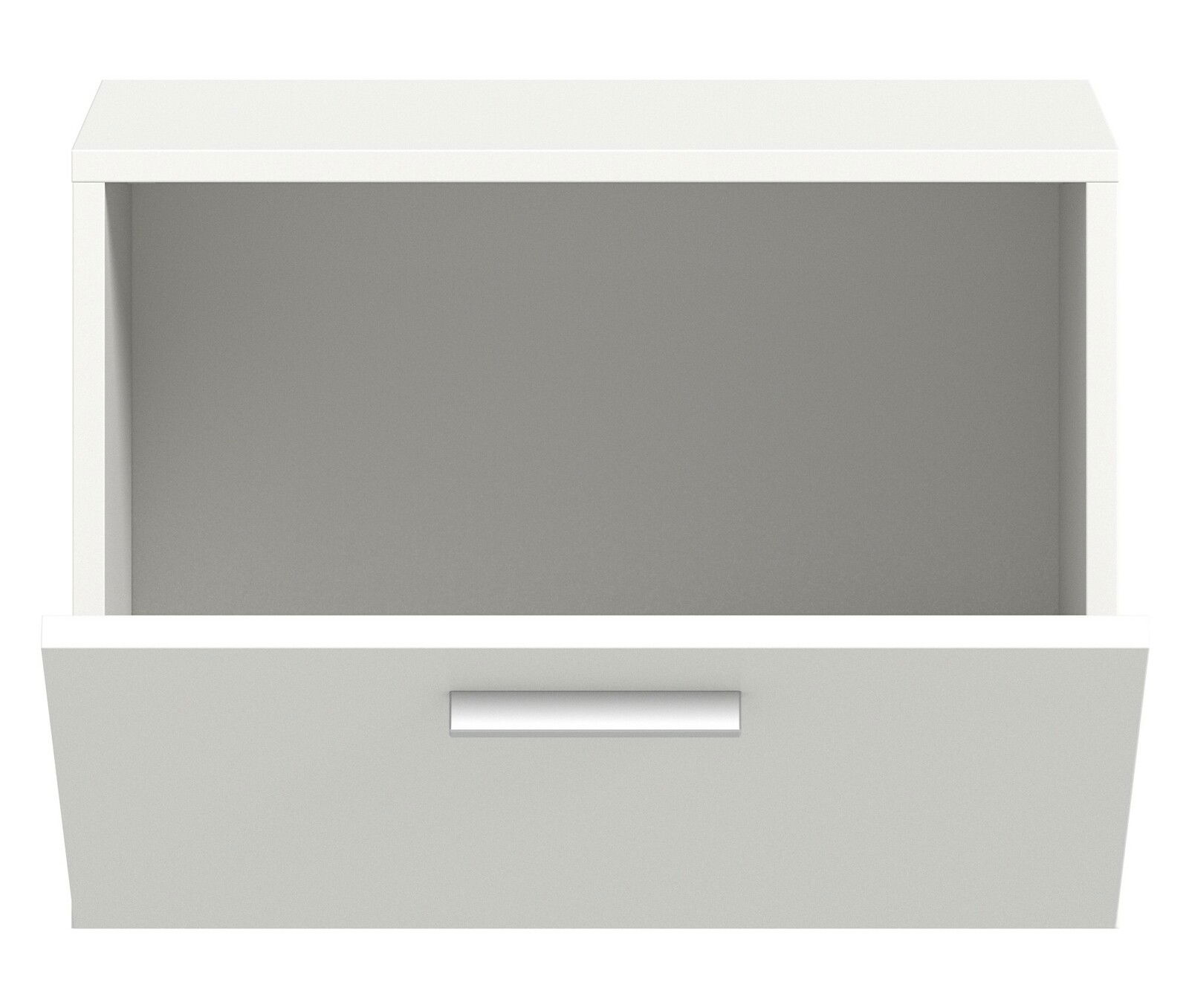 Weiße Schublade eines Garderobenschranks, frontal betrachtet, mit einem silbernen Griff.