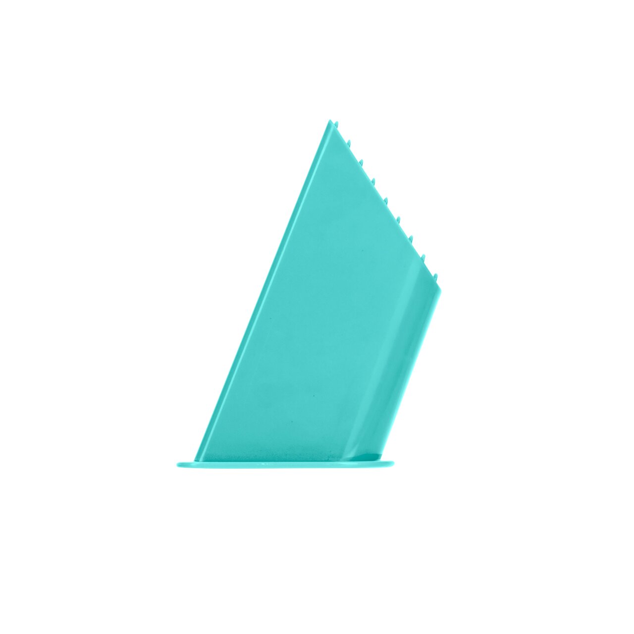 Zijaanzicht van een turquoise kunststof onderdeel dat deel uitmaakt van een Nicer Dicer Mando-set.