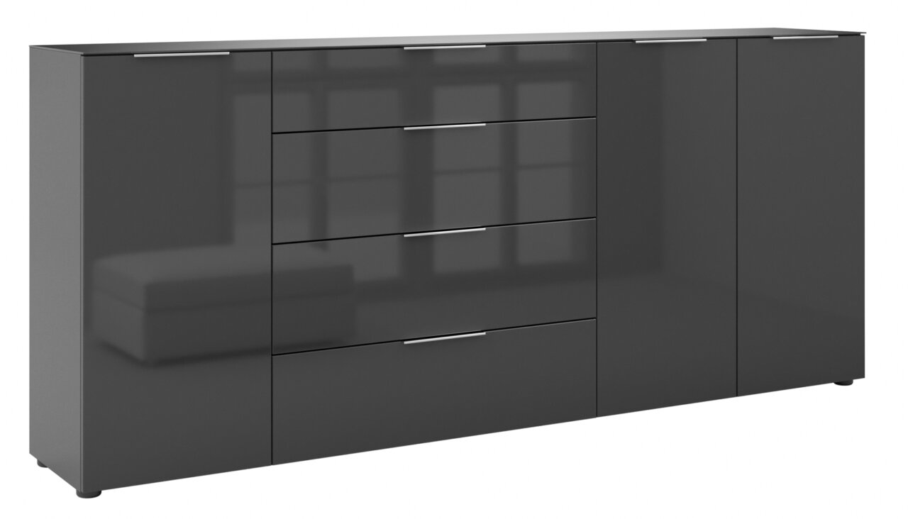 Modernes, graues XXL-Sideboard mit Hochglanzoberfläche, zwei Türen und vier Schubladen, frontal abgebildet.