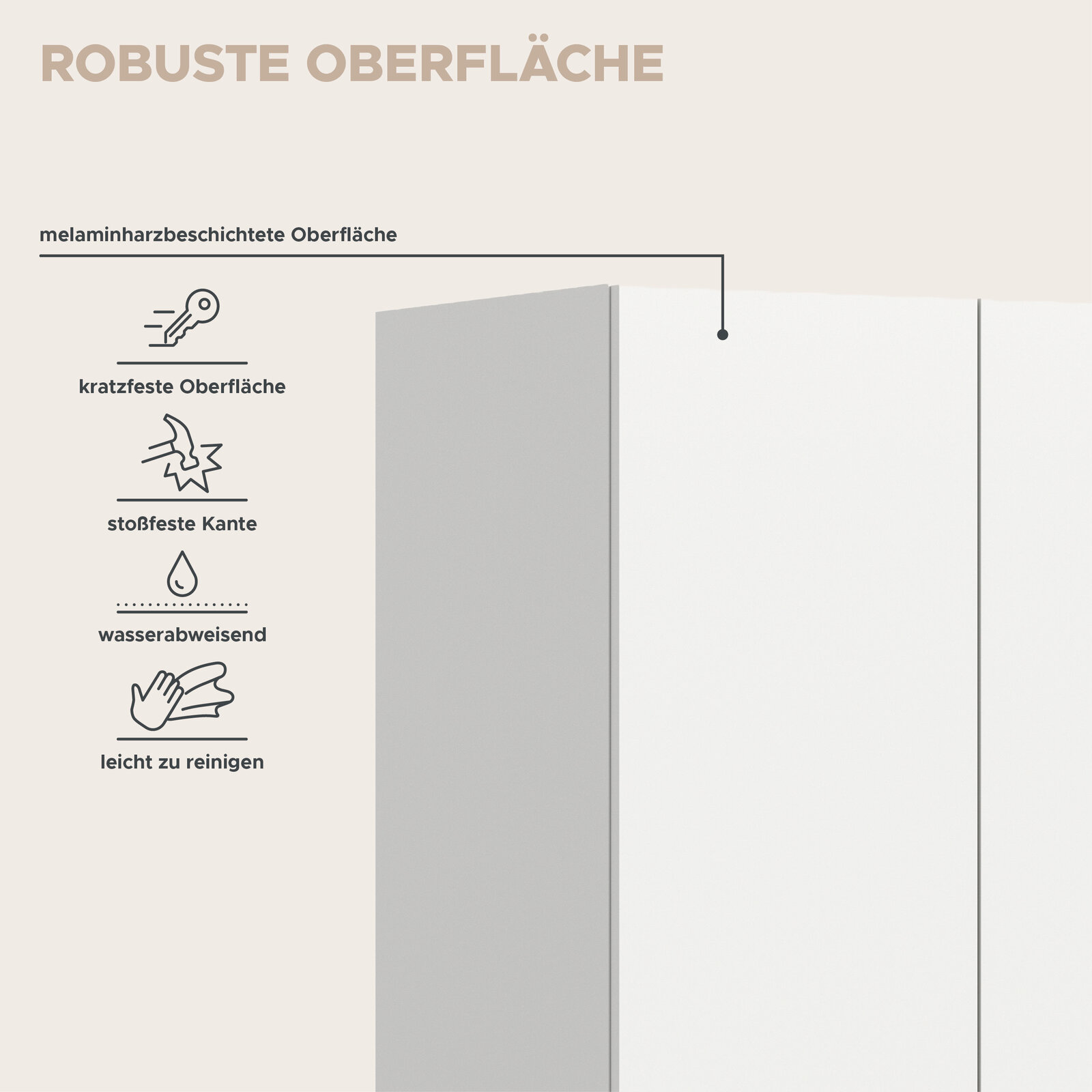 Infografik einer weißen, melaminharzbeschichteten Möbeloberfläche mit Hinweisen auf kratzfeste, stoßfeste, wasserabweisende und leicht zu reinigende Eigenschaften; Produkt in schräger Frontansicht.