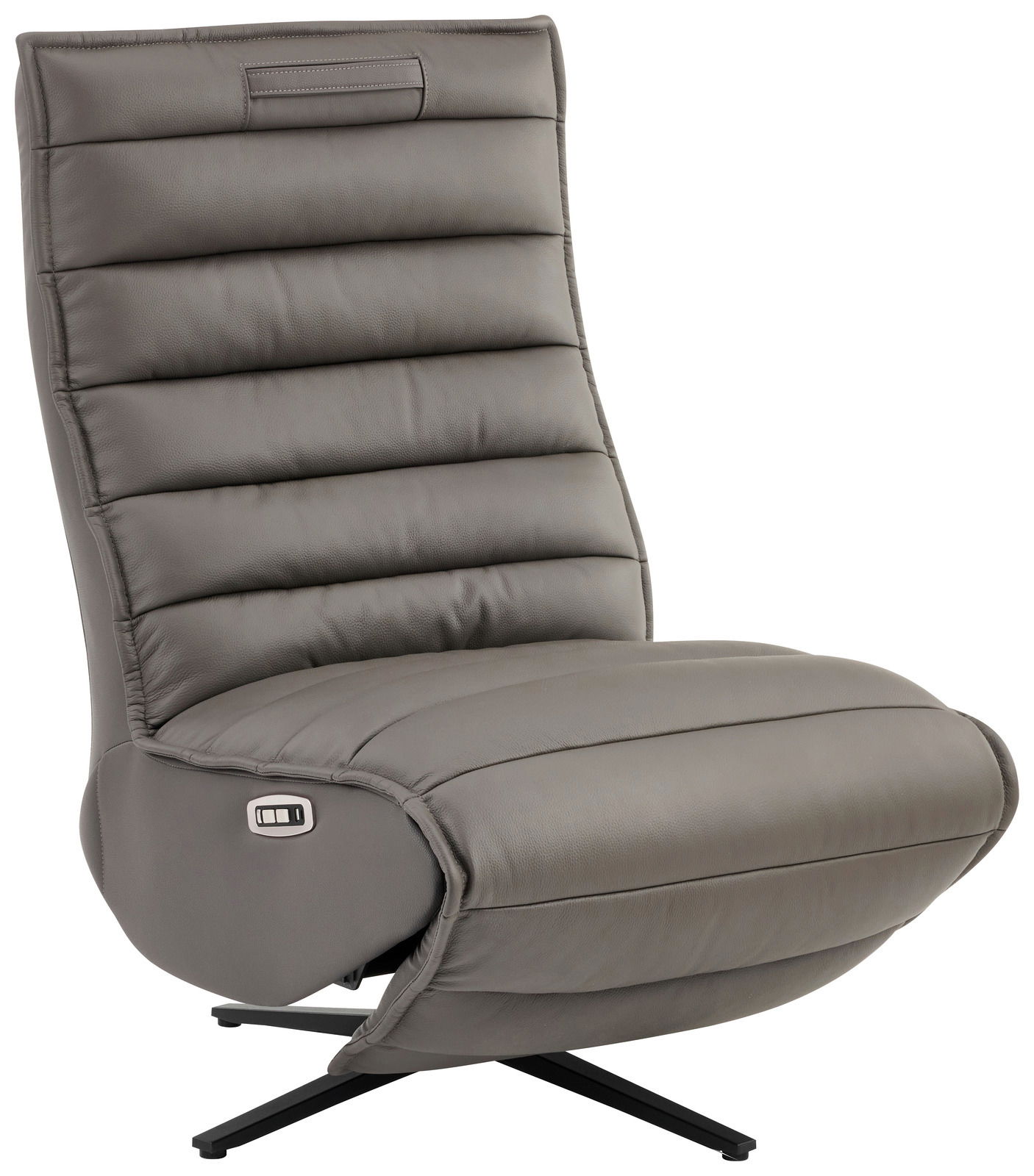Graue Relaxliege mit hoher Rückenlehne und modernem Design, seitliche Perspektive