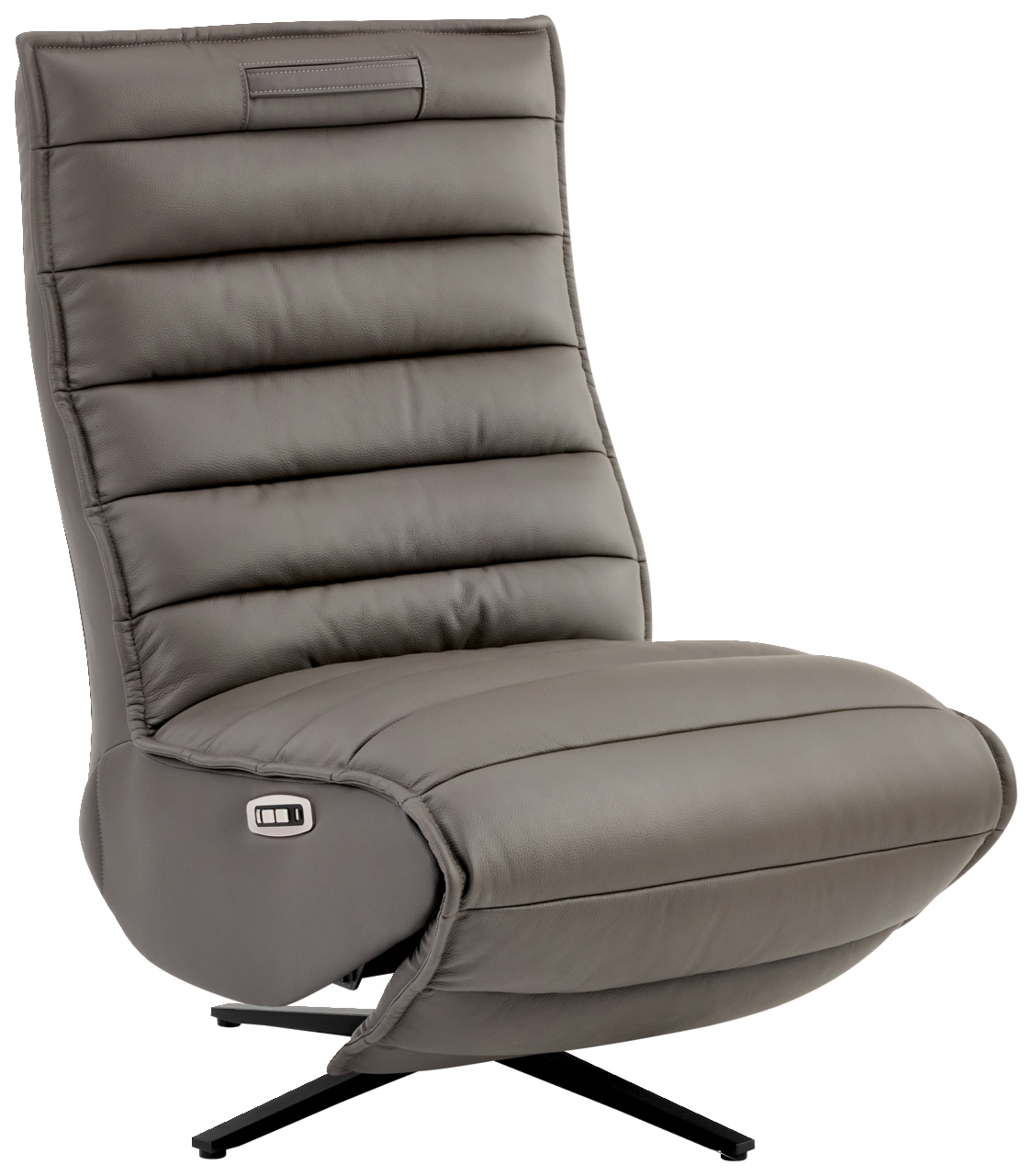 Graue Relaxliege mit hoher Rückenlehne und modernem Design, seitliche Perspektive