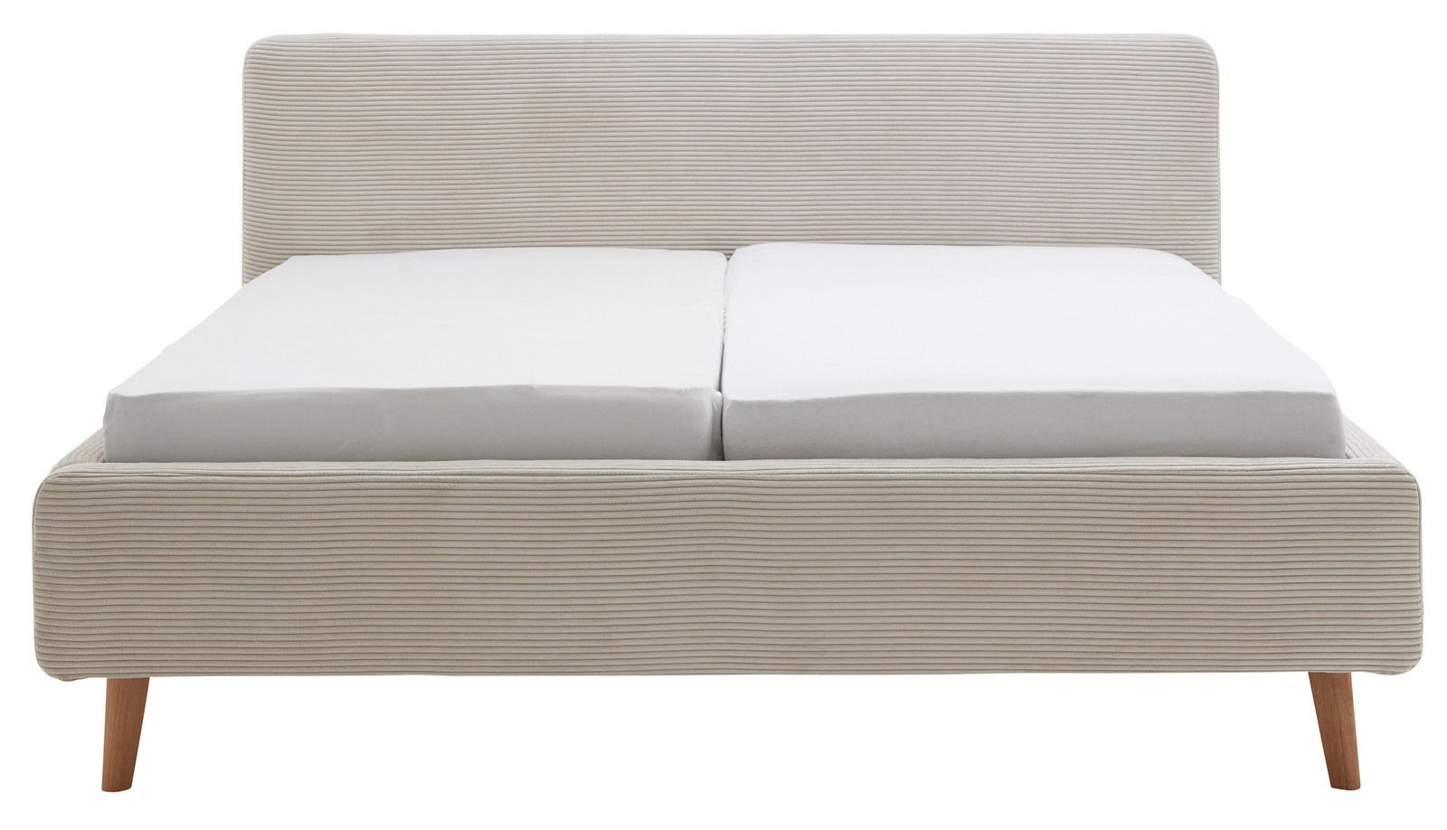 Frontale Ansicht eines Polsterbettgestells mit gestreiftem Stoffbezug und Holzfüßen.