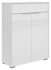 Weiße Kommode mit zwei Türen und einer Schublade, seitliche Perspektive