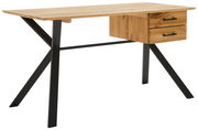 Moderner Schreibtisch aus Holz mit zwei Schubladen und schwarzen Metallbeinen, seitliche Perspektive