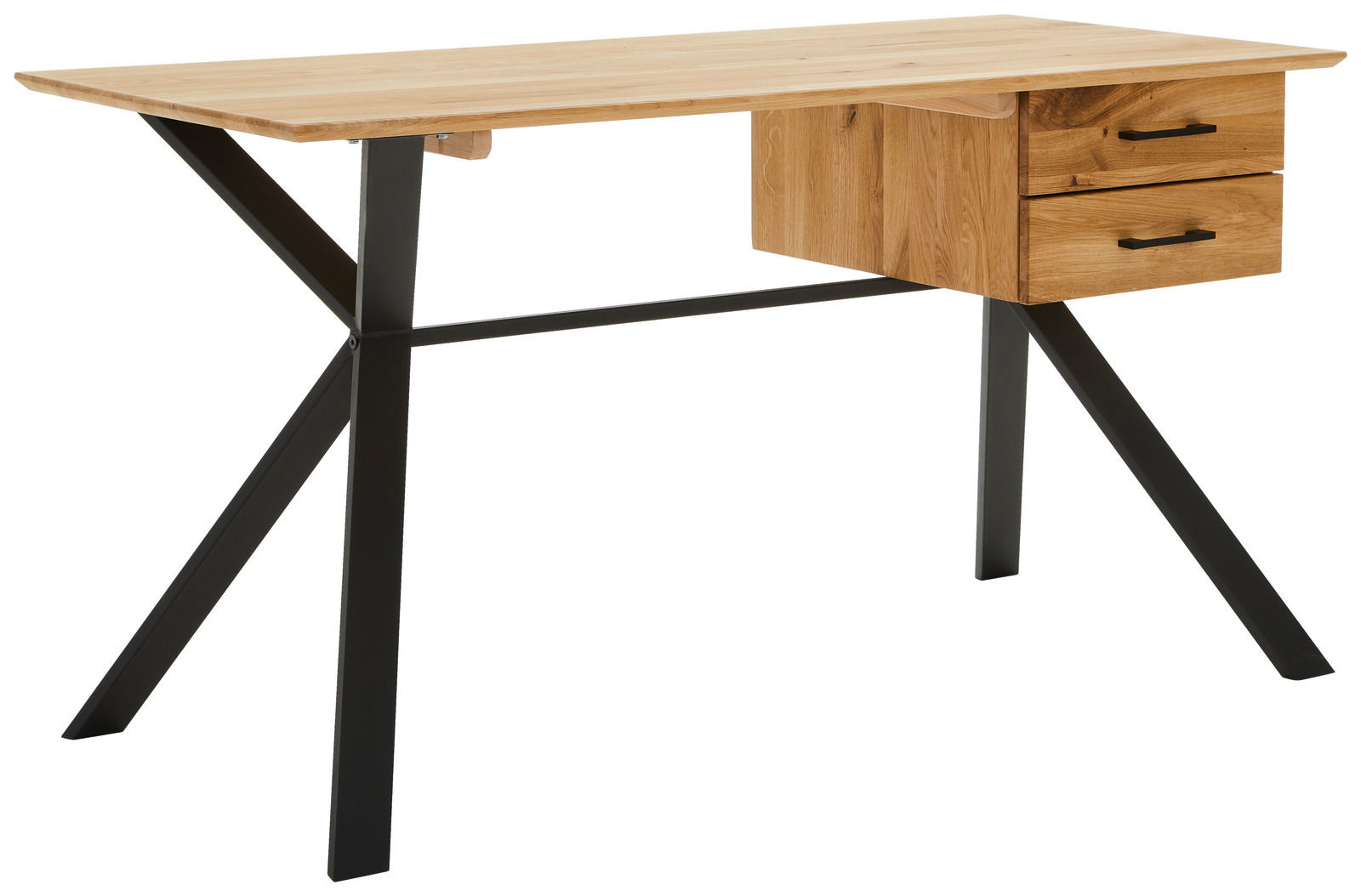 Moderner Schreibtisch aus Holz mit zwei Schubladen und schwarzen Metallbeinen, seitliche Perspektive