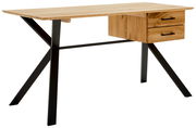 Moderner Schreibtisch aus Holz mit zwei Schubladen und schwarzen Metallbeinen, seitliche Perspektive