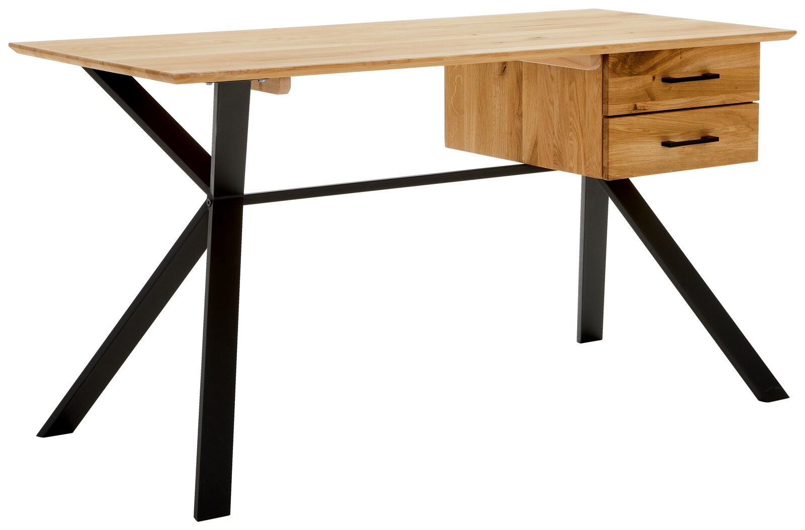 Moderner Schreibtisch aus Holz mit zwei Schubladen und schwarzen Metallbeinen, seitliche Perspektive