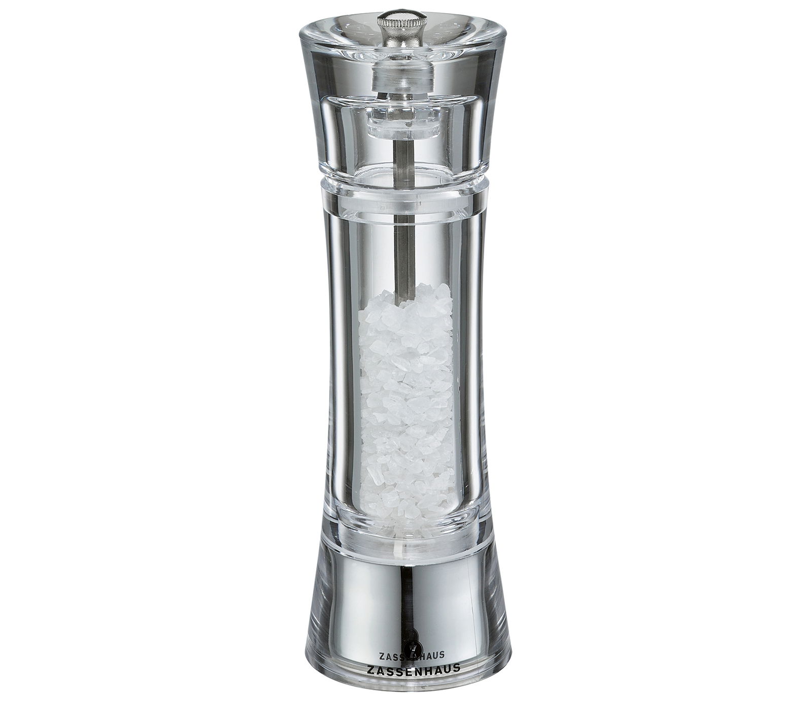 Transparente Salzmühle aus Acryl, gefüllt mit grobem Salz, frontal abgebildet.