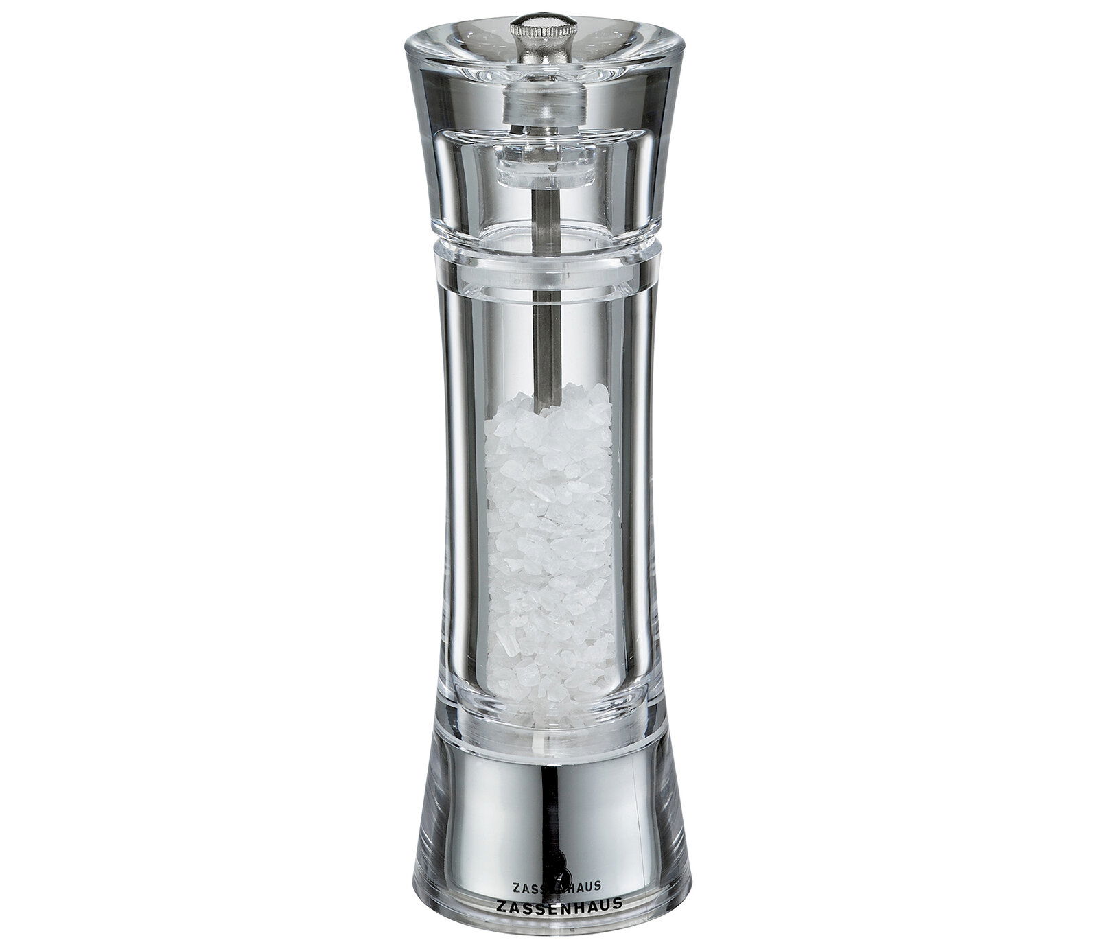 Transparente Salzmühle aus Acryl, gefüllt mit grobem Salz, frontal abgebildet.